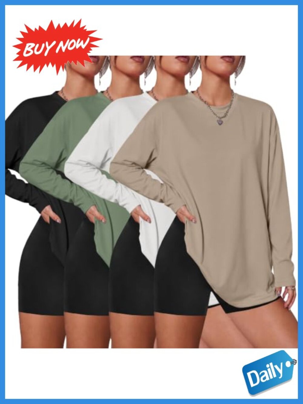 4 Pack Women's Long Sleeve Oversized T Shirts Stretch Basic Fall Tops